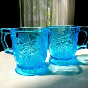 Antique EAPG Bryce Brothers Blue Glass Mugs (No. 1202 - Grape Bunch) -Two